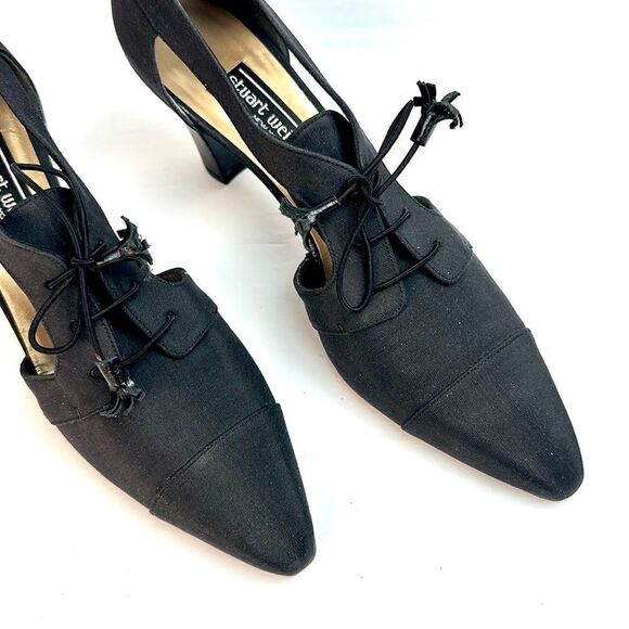 NWOB STUART WEITZMAN Black Satin Pumps Heels Lace Up Pointed Toe size 8 Narrow - Picture 6 of 12